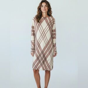 Umgee Plaid Long Sleeve sweater Dress in Cream and Brown